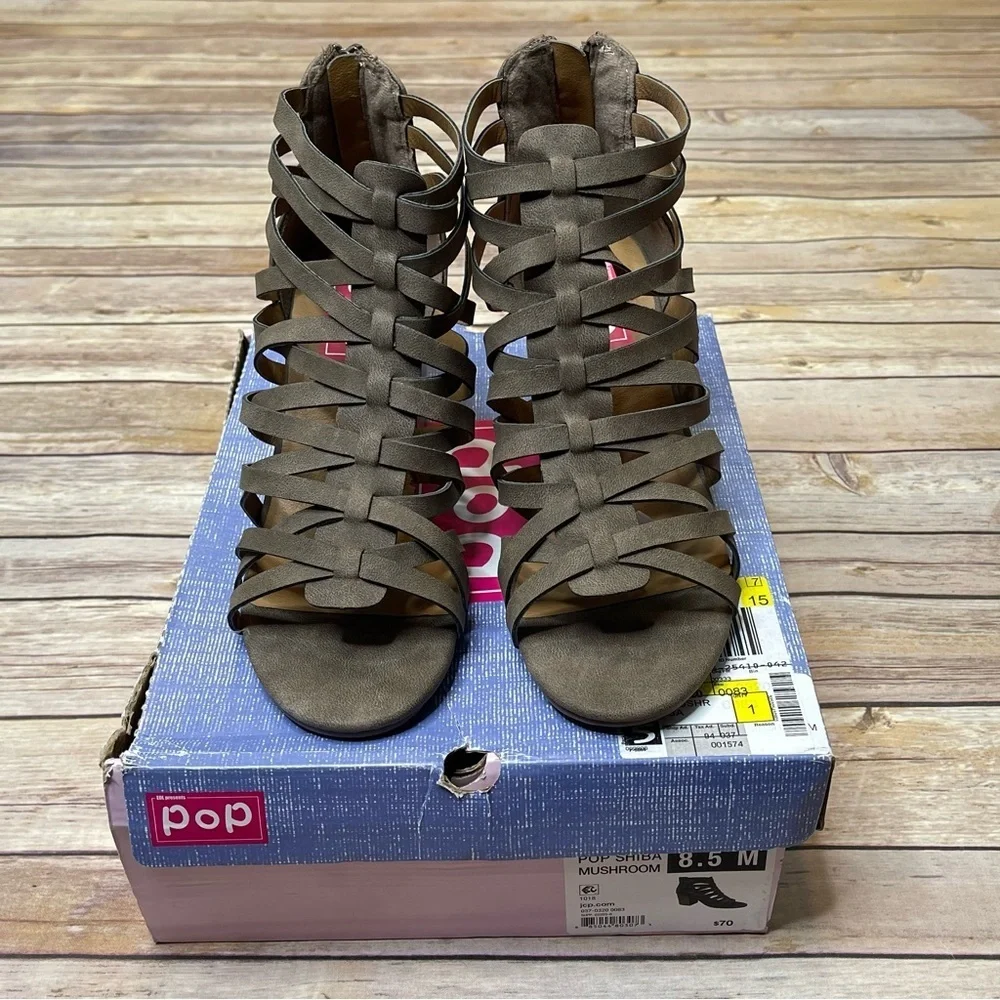 EDL Presents Pop Shiba Size 8.5 Mushroom Taupe Caged Block Heel Sandal (NIB) - Picture 9 of 12